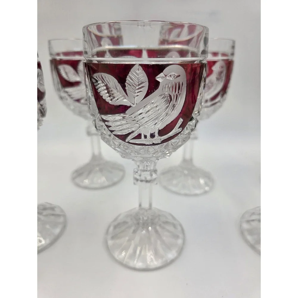 Vintage Bohemian Ruby Red Cut to Clear Crystal Wine Goblets Etched Bird Set of 6